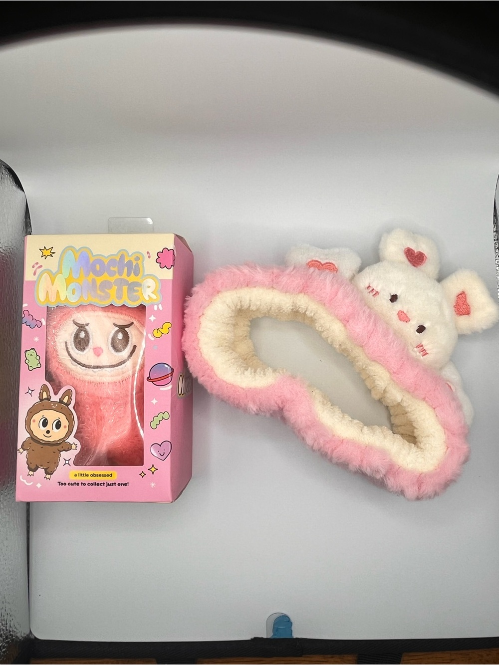 BUNDLE Pink Mochi Monster and Pink  Bunny Plush Headband - Cute Kids Toy A